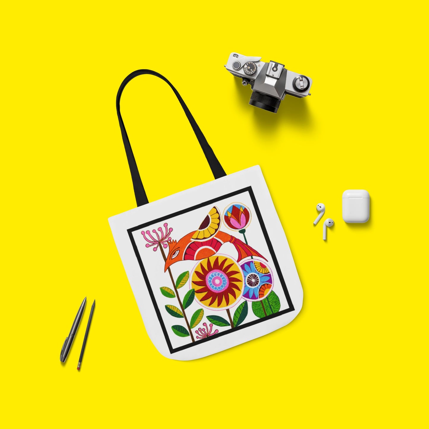 Folk Bird Canvas Tote Bag – Premium Art Print
