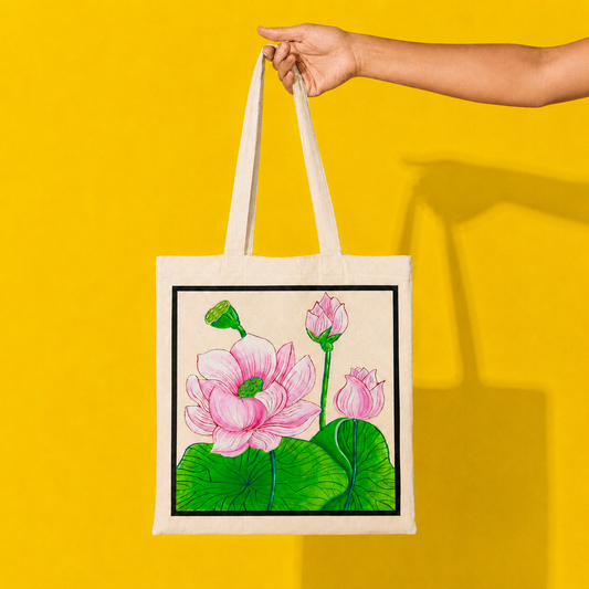 Hand-Painted Lotus Tote Bag
