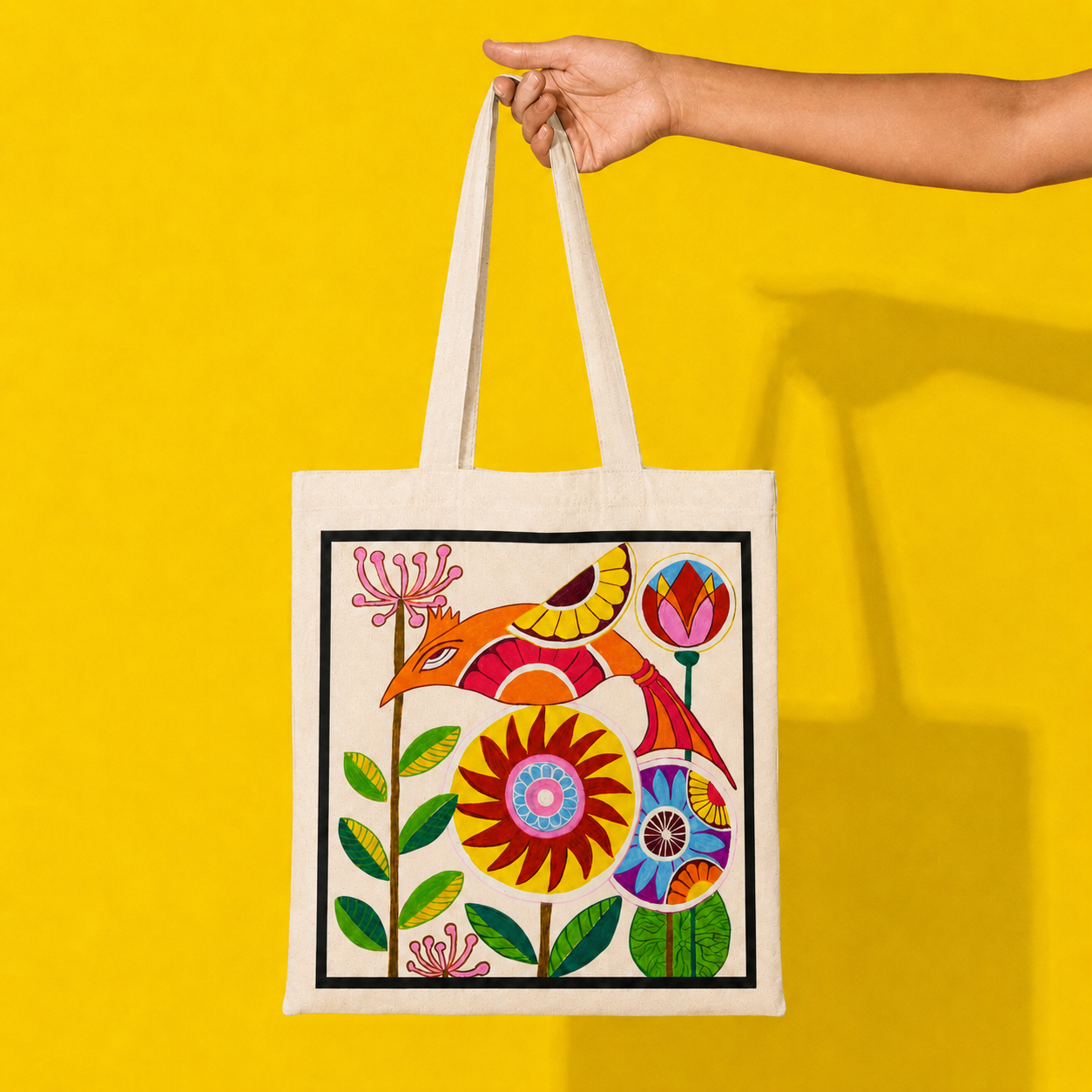 Hand-Painted Folk Bird Tote Bag