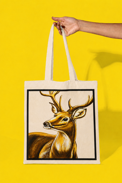 Amber Stag Tote Bag – Printed and Hand-Painted Art Tote