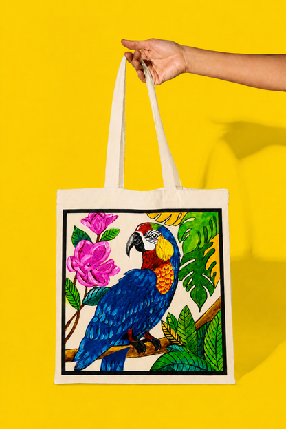 Macaw Tote Bag – Printed and Hand-Painted Art Tote