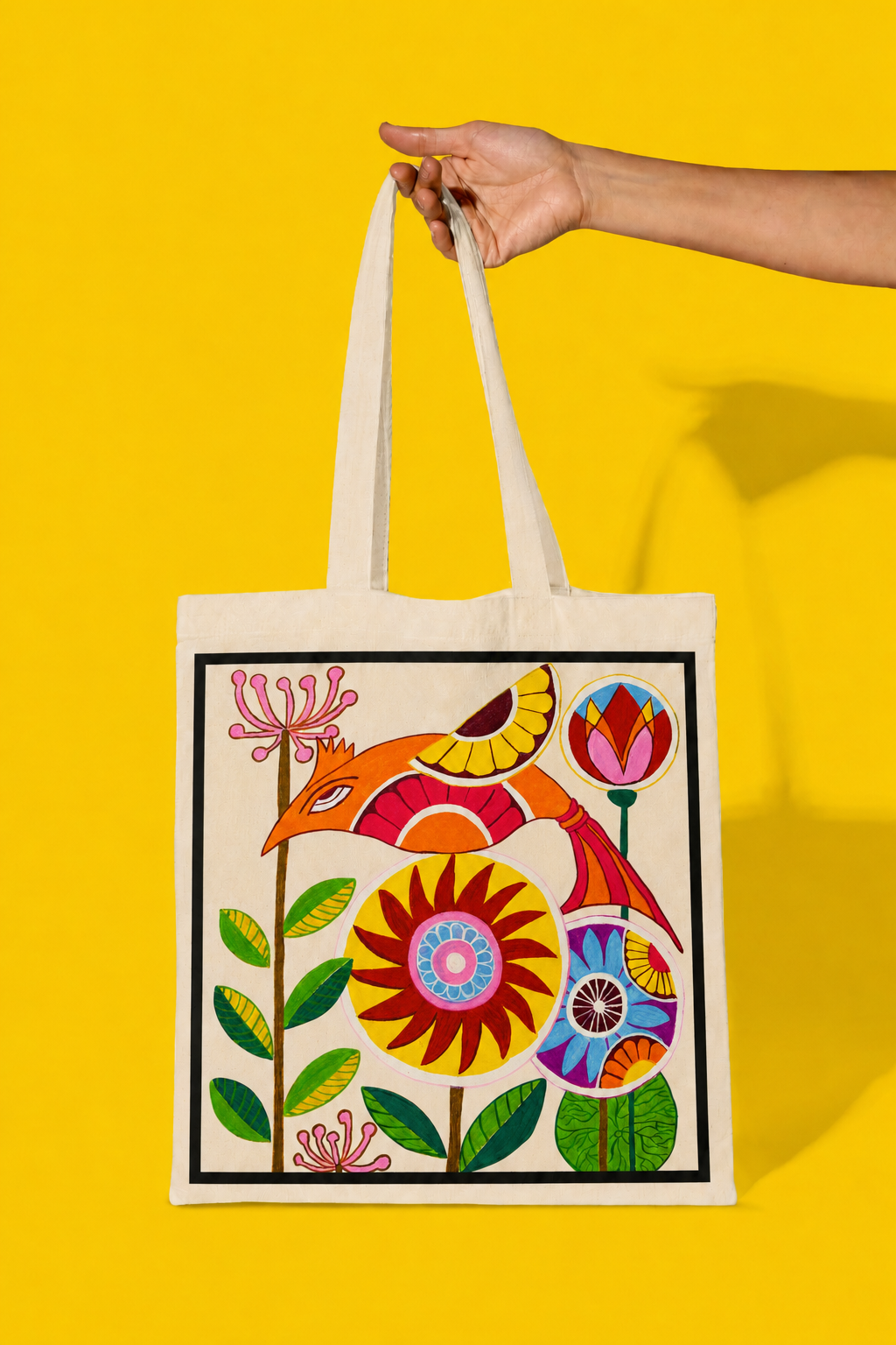 Folk Bird Tote Bag – Printed and Hand-Painted Art Tote