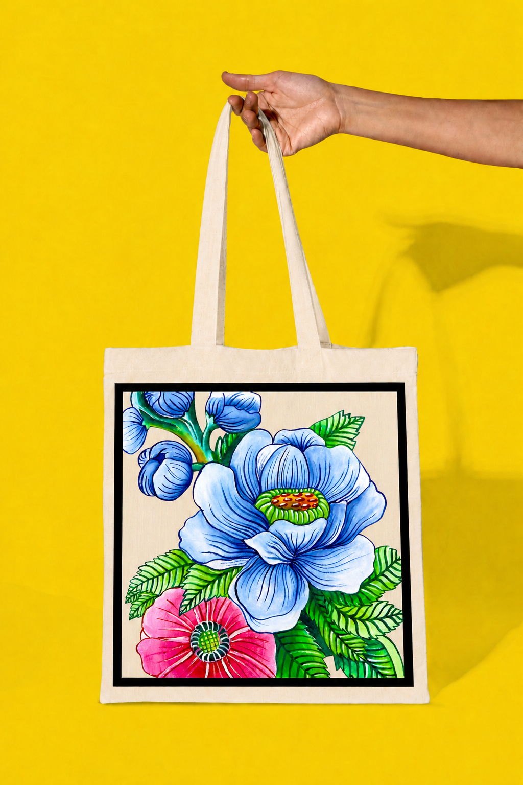 Blue Poppy Tote Bag – Printed and Hand-Painted Art Tote