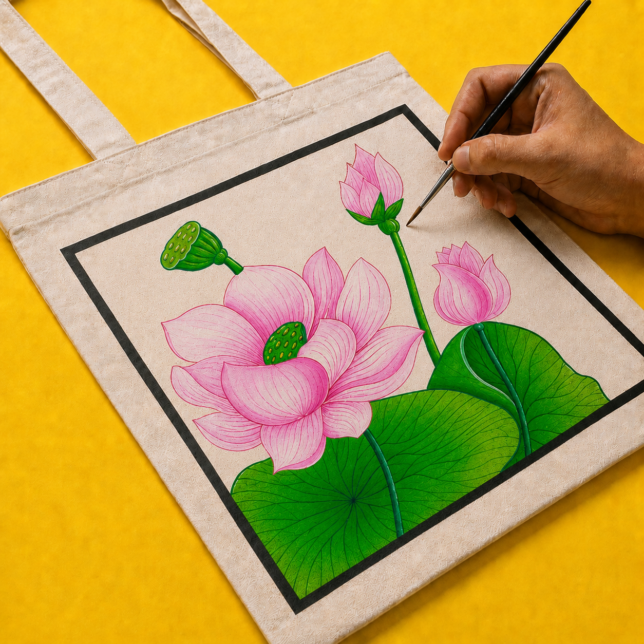 Lotus Tote Bag – Printed and Hand-Painted Art Tote