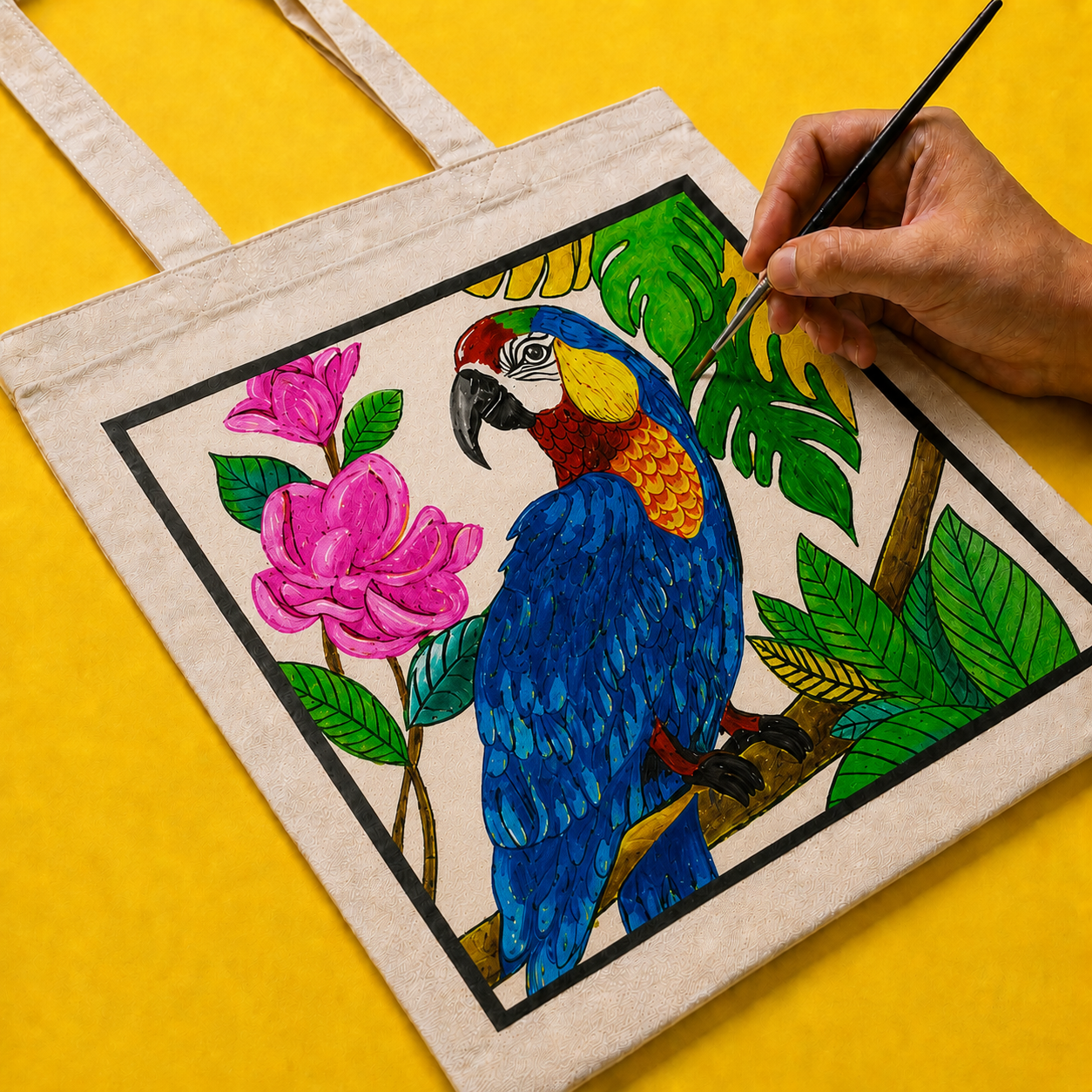 Macaw Tote Bag – Printed and Hand-Painted Art Tote