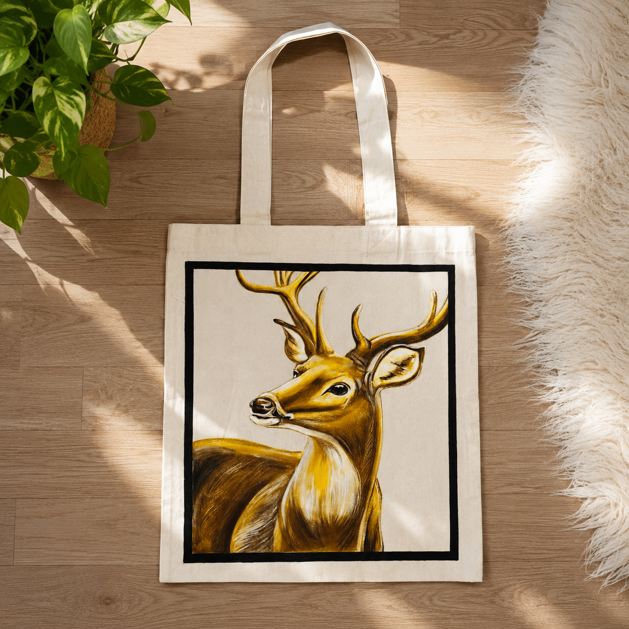 Amber Stag Tote Bag – Printed and Hand-Painted Art Tote