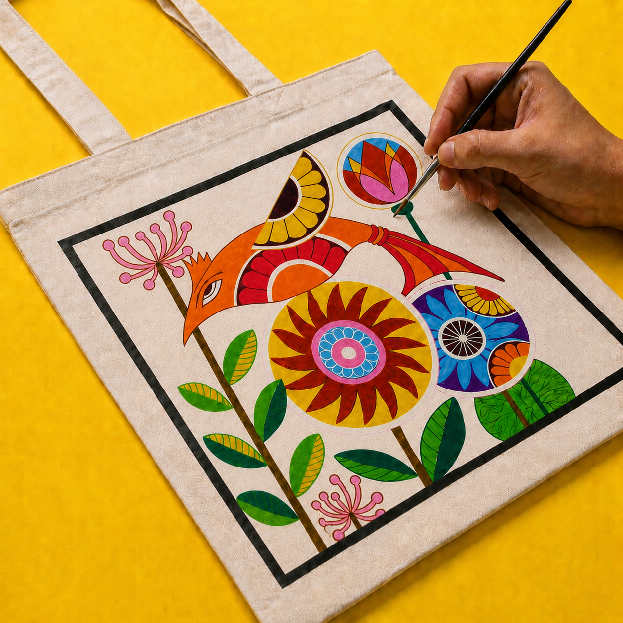 Folk Bird Tote Bag – Printed and Hand-Painted Art Tote