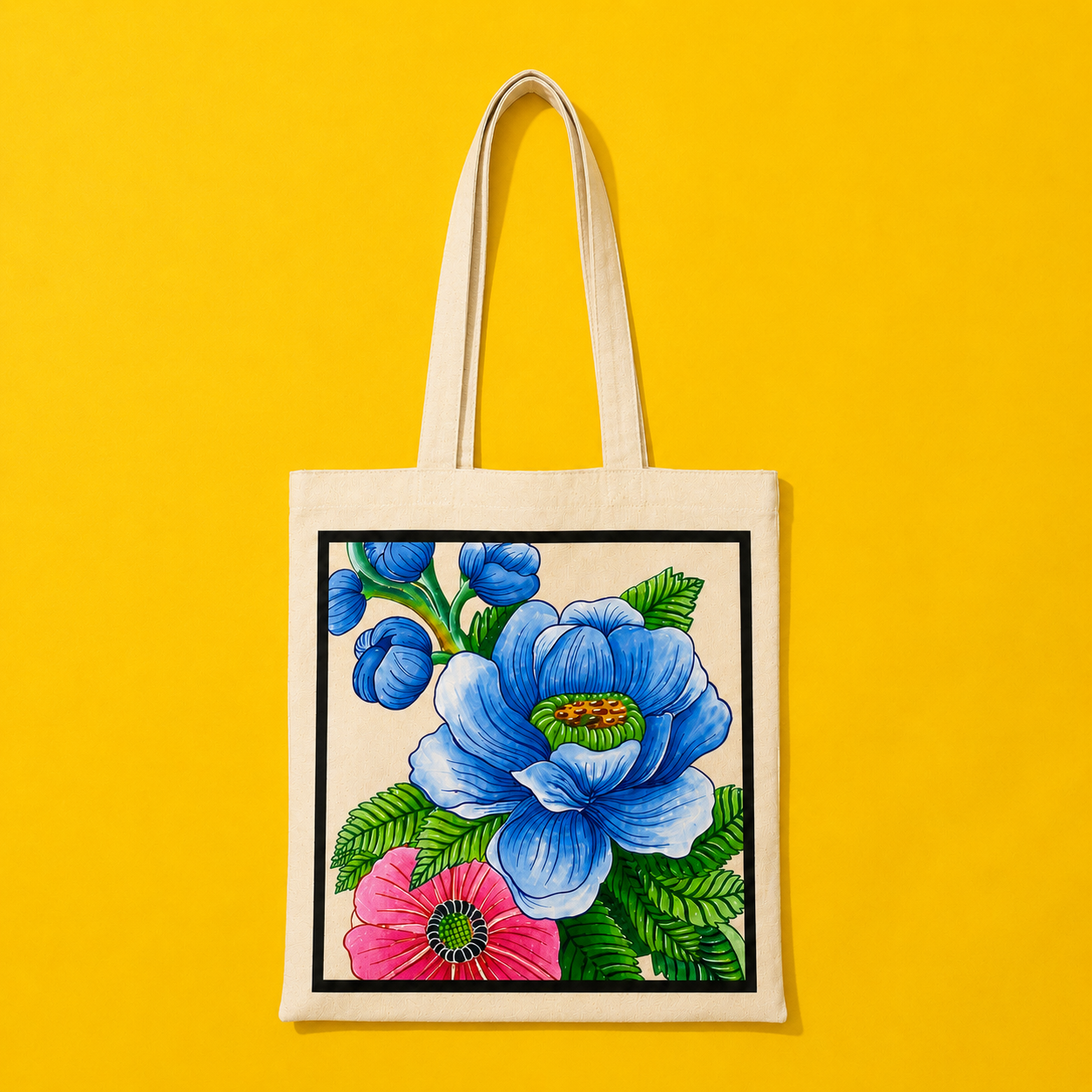 Blue Poppy Tote Bag – Printed and Hand-Painted Art Tote
