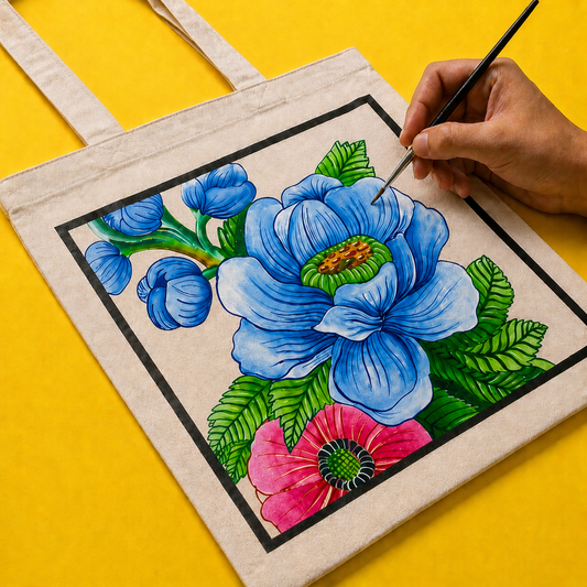 Blue Poppy Tote Bag – Printed and Hand-Painted Art Tote