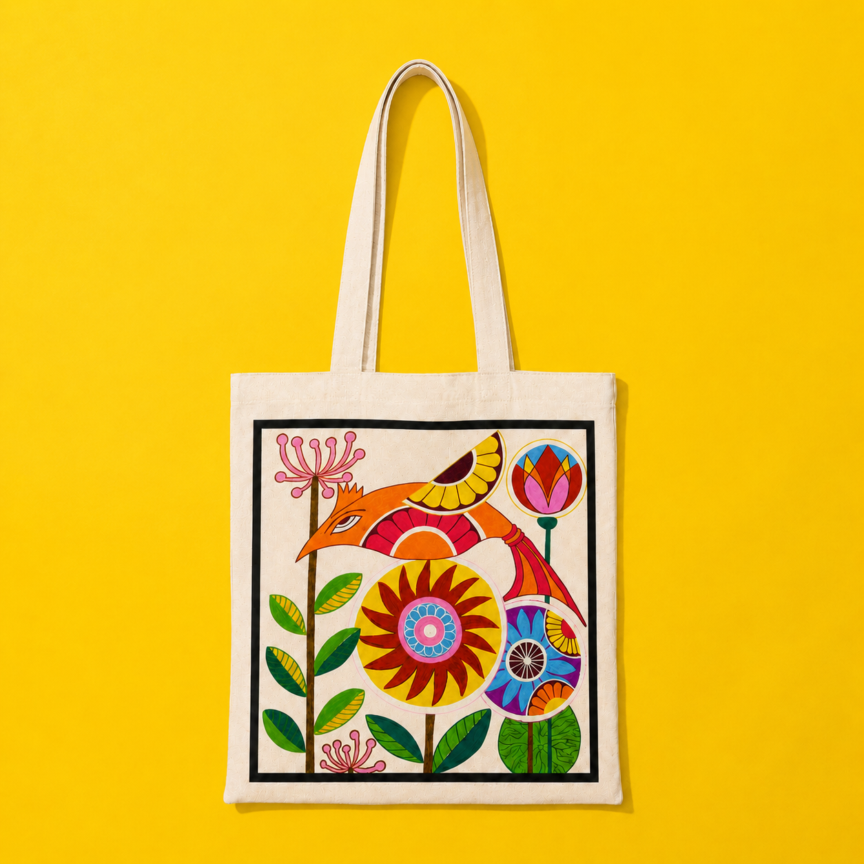 Folk Bird Tote Bag – Printed and Hand-Painted Art Tote