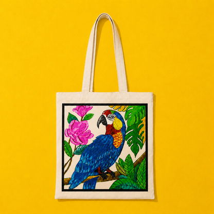 Macaw Tote Bag – Printed and Hand-Painted Art Tote