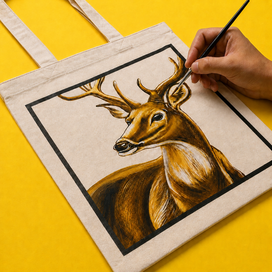 Amber Stag Tote Bag – Printed and Hand-Painted Art Tote