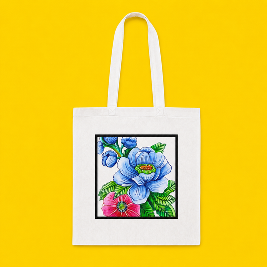 Blue Poppy Tote Bag – Printed and Hand-Painted Art Tote