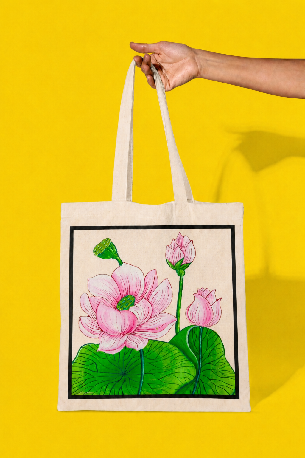 Lotus Tote Bag – Printed and Hand-Painted Art Tote