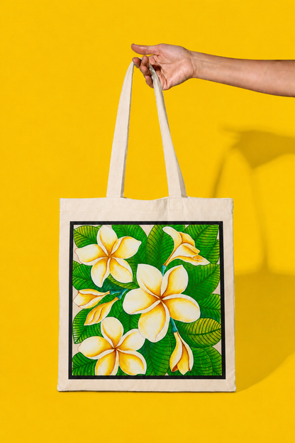 Plumeria Tote Bag – Printed and Hand-Painted Art Tote